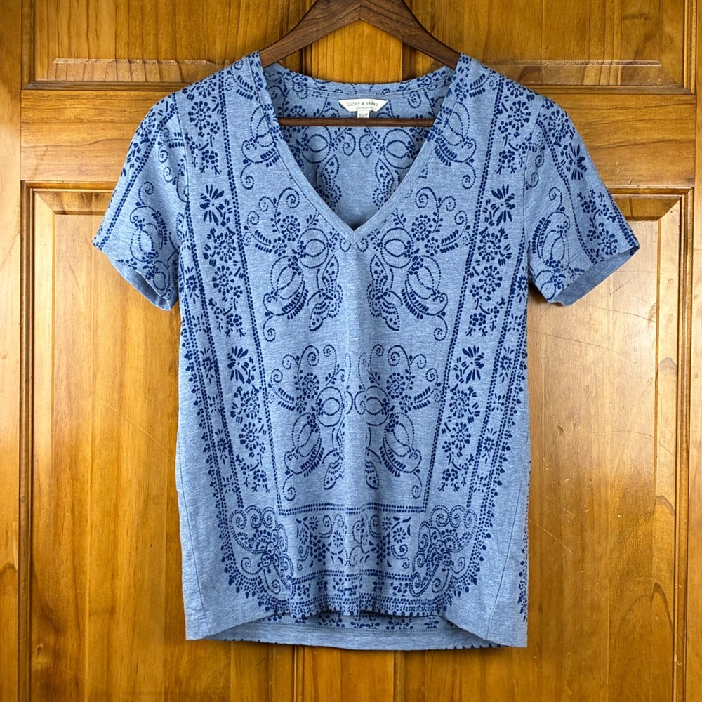 Lucky Brand Womens Blue Bandana Floral Paisley V-Neck T-Shirt XS Short Sleeve